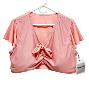 Plus Size 22W Pink V-Neck Crop Top Flutter Sleeves Front Knot Hanna Nikole